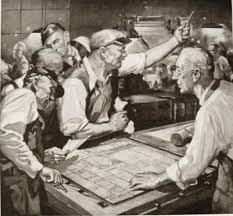 An older style illustration of the presses being stopped in an news room